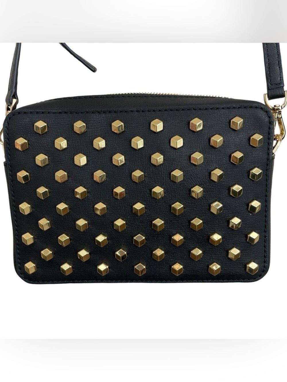Michael Kors Pouches Camera Crossbody Gold Facet Stud Black Leather